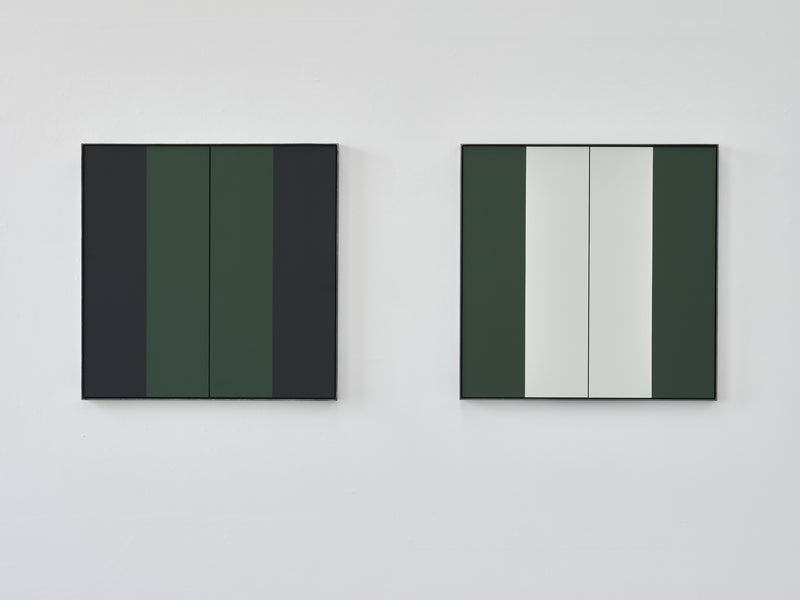 Diptych stripe painting with chrome green and signal black